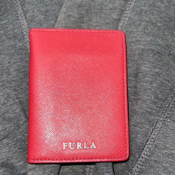 Furla Red Leather Card Holder bifold silver FURLA logo...